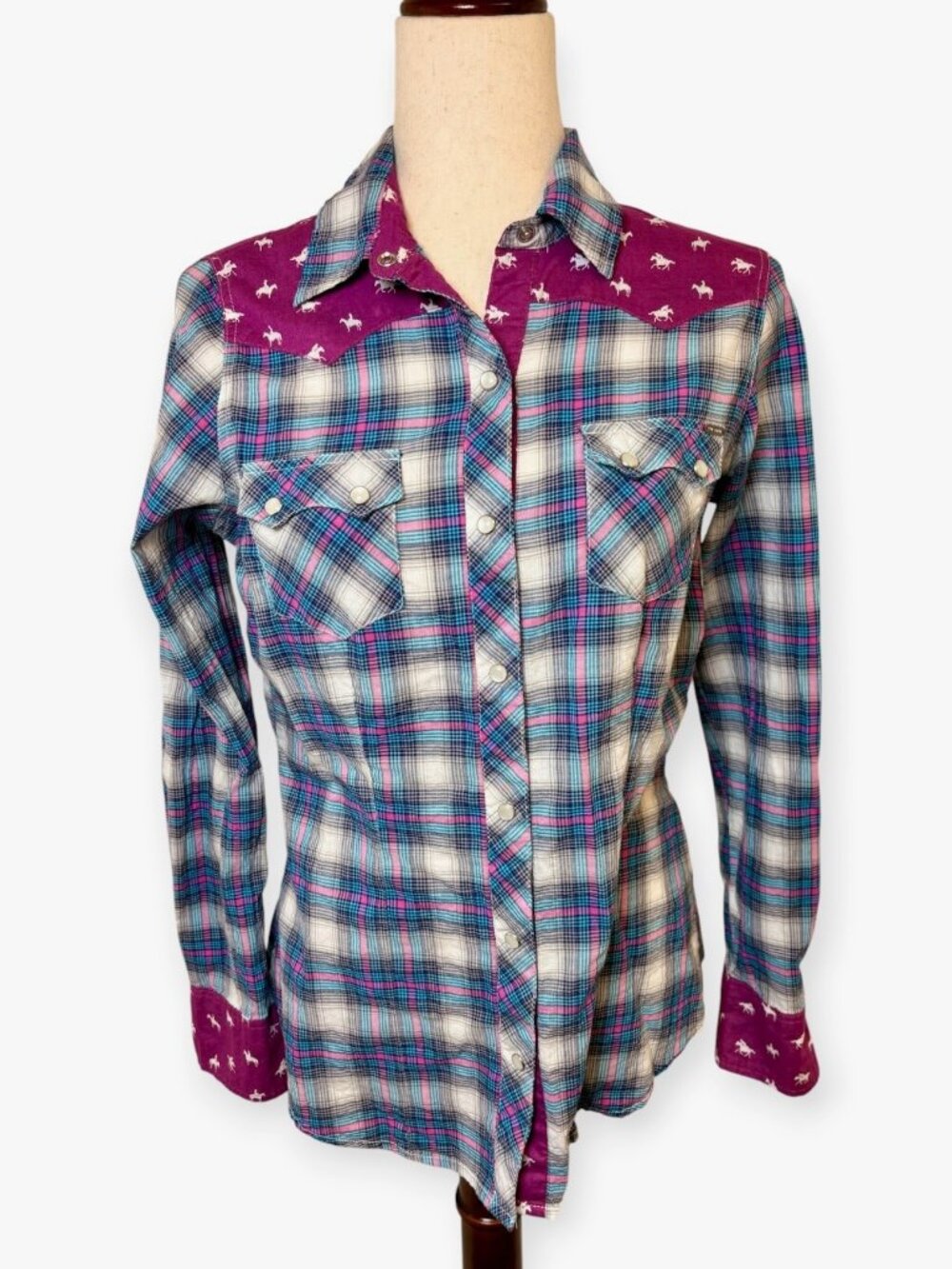 Tin Haul Blue Pink Plaid Horse Pearl Snap Western Shirt Size Small